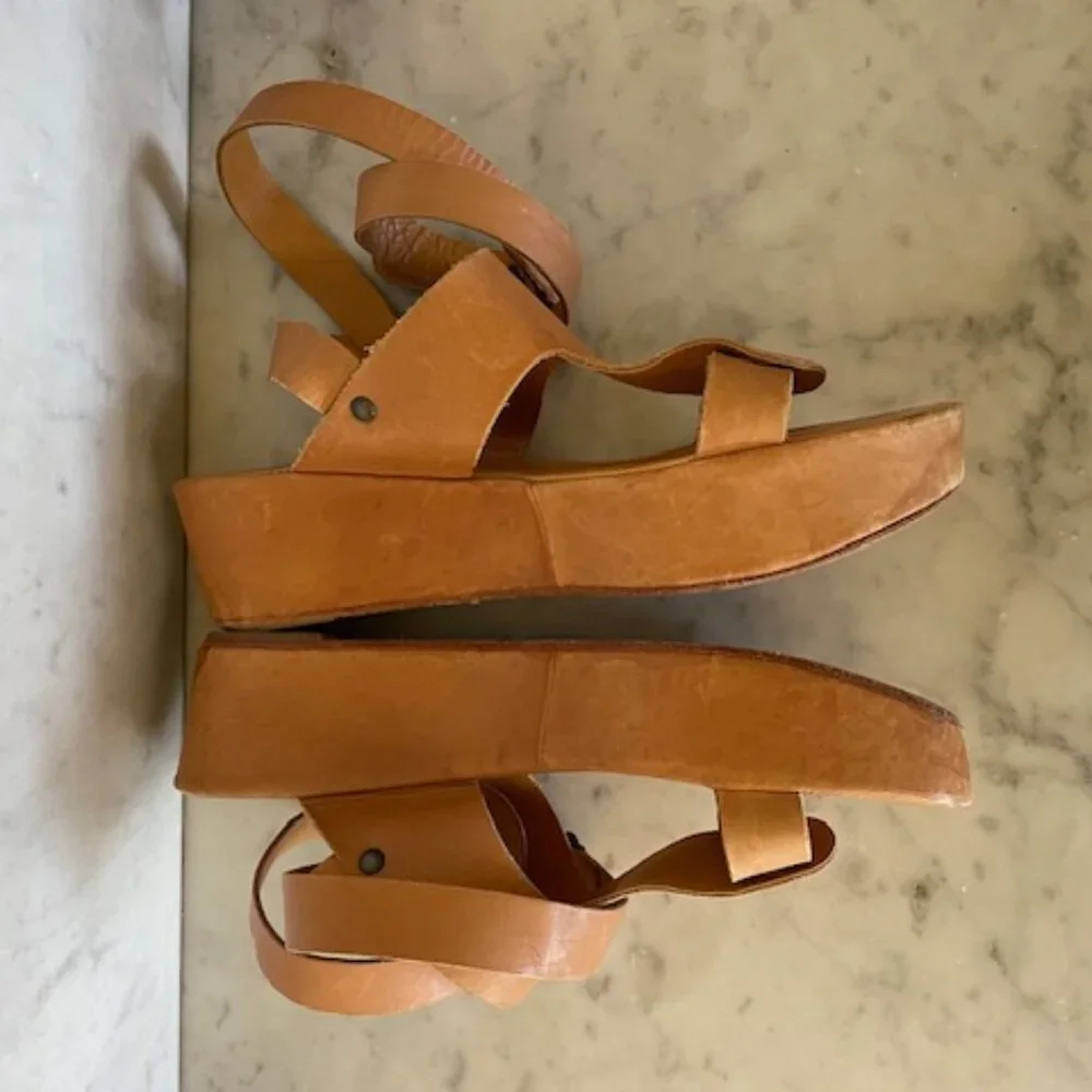 COCLICO Leather Platform Sandals Ankle Leg Wrap Tan Vintage 37